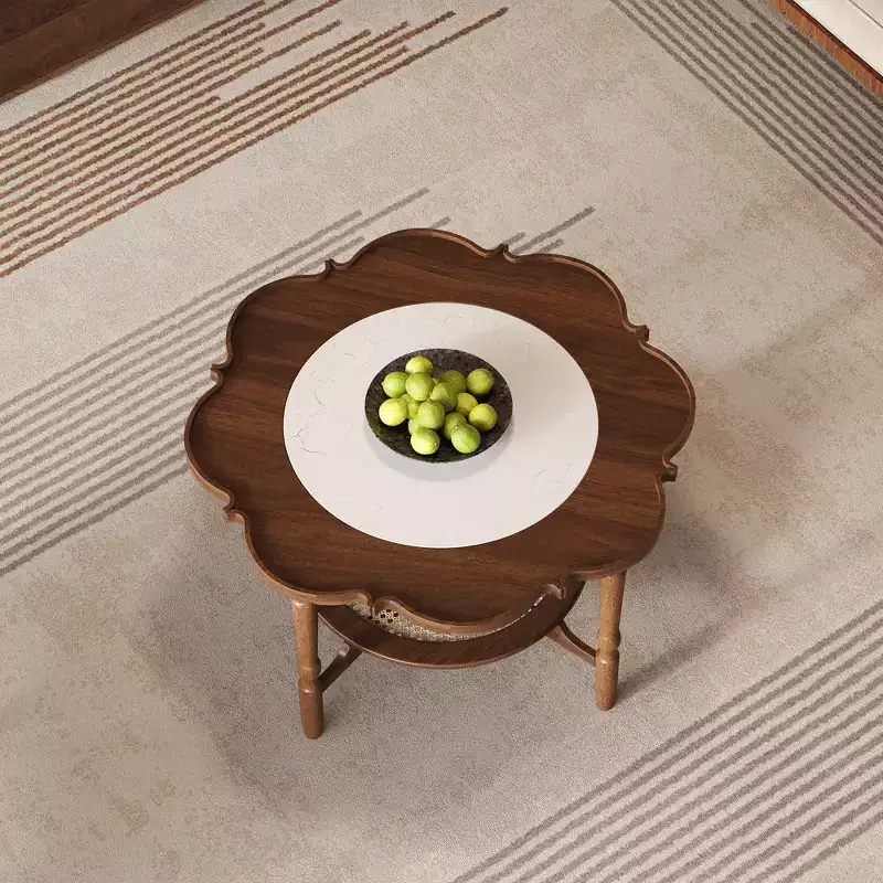 ModernLuxe Petal Coffee Table with White Crackle Pattern Glass, Mid-Century Modern Cocktail Table 2-Tiered Sofa Side Table Rattan Accent Table, Walnut
