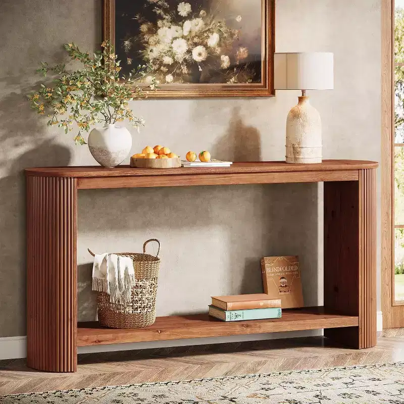 63-Inch Long Solid Wood Console Table, Farmhouse 2-Tier Narrow Sofa Entryway Table for Living Room, Hallway