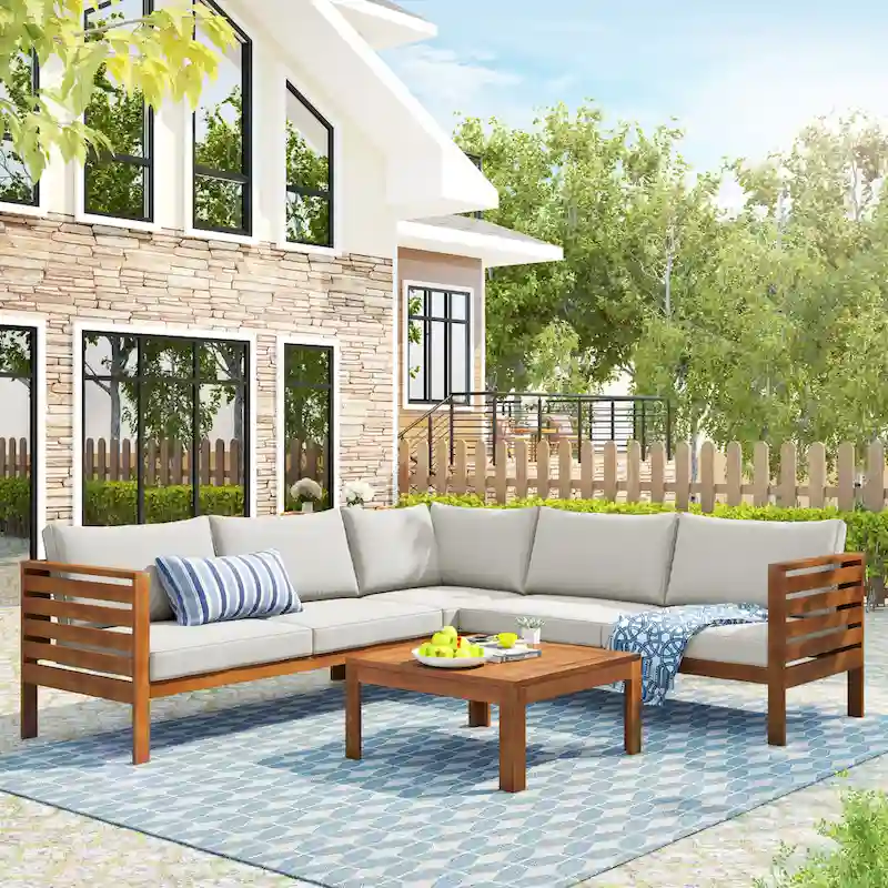 4-piece Outdoor Patio Furniture Set Acacia Wood Sectional Sofa Sets