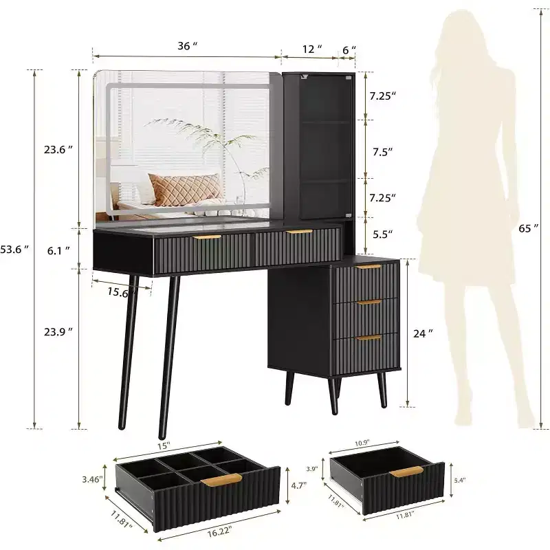 48 Fluted Makeup Vanity Set with 36 LED Mirror, 3 Lighting Modes & Built-in Outlets, 5-Drawer Storage & Glass Top Dressing Table for Bedroom,Grey