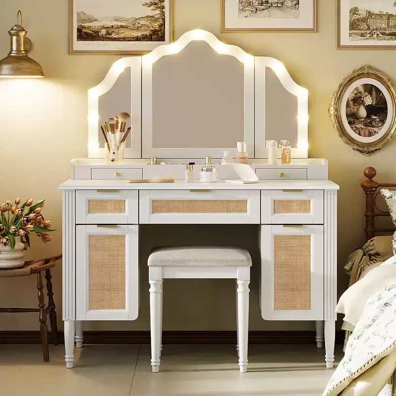 JVNOXK 44.37-inch Triple-Fold Mirror Vanity with 13 Hollywood Bulbs and 3 Lighting Modes, Large Charging Station with 5 Drawers and Shelves, White