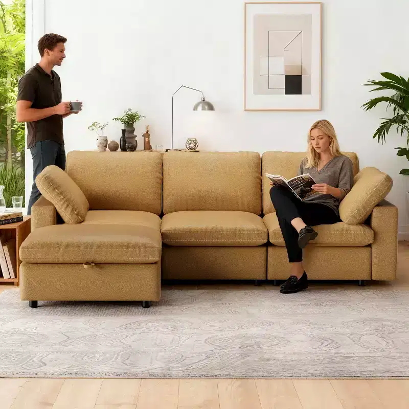 Dyonery 100 Leather Modular Sectional Sofa with Storage Ottoman, 3-Seater L-Shaped PU Leather Couch with Solid Wood Frame
