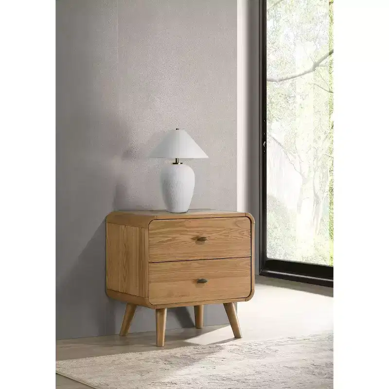 Mid-Century Modern 2-Drawer Nightstand in Light Ash with USB Ports