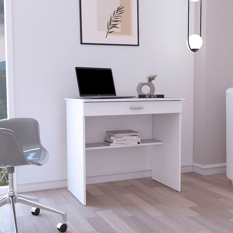 Writting Desk, Compact Workstation with Drawer and Lower Shelf