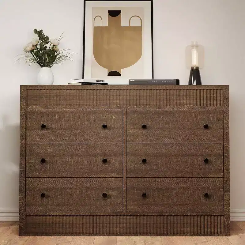 47 Fluted 6-Drawer Dresser, Double Fluted Design Wood Storage Chest for Bedroom, Nursery, or Living Room