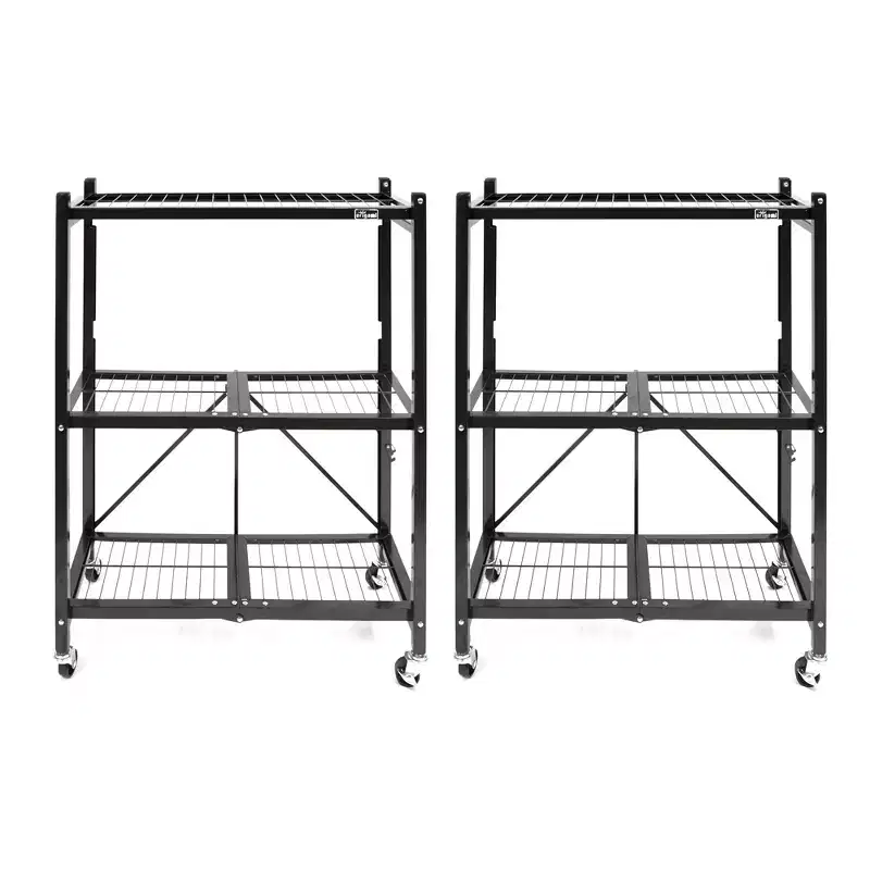 Origami Heavy Duty Foldable 3 Tier Metal Shelf Wire Rack Storage Unit Organizer with 3 Inches Wheels for Garage, Basement, or Laundry Room, Pewter