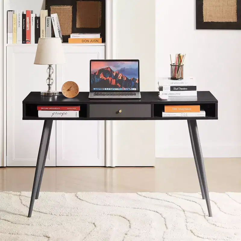 Okak 47.24IN Modern Office Desk with Minimalism Design, Computer Desk with 1 Drawers and 2 Shelves, Small Desk for Home, Office