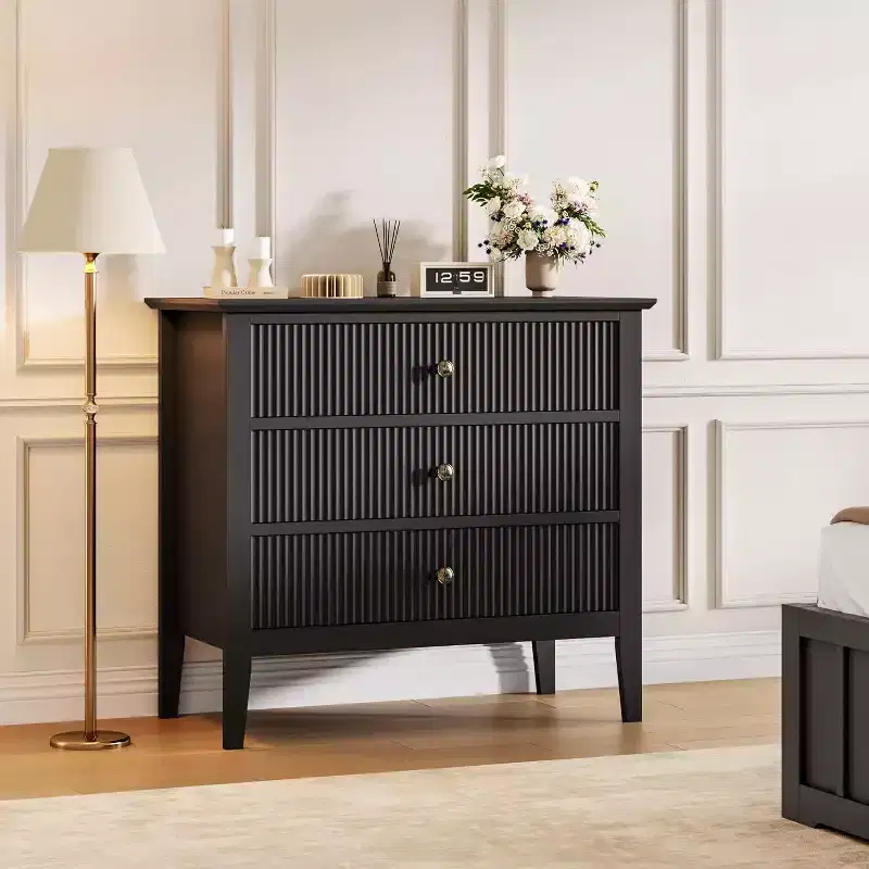 Acekool Black Fluted 3 Drawer Dresser, Modern Vertical Texture Chest, Metal Handles, for Bedroom, Living Room, Entryway