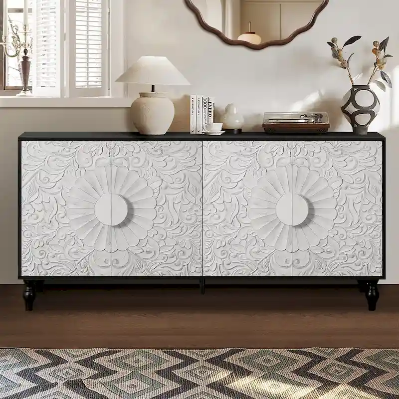 63 Accent TV Stand with Carved Doors & Wood Legs for Living Room