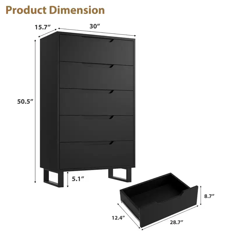 Acekool 5-Drawer Tall Dresser, 50 Vertical Wooden Chest with Detachable Legs and Spacious Storage for Bedroom, Living Room, Hallway, Entryway, Black