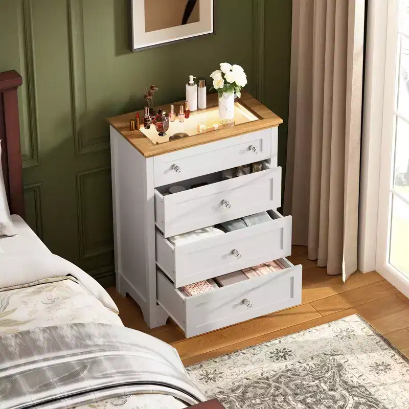 4-Drawer Dresser with LED Night Light & Glass Top, App-Controlled RGB Lighting, Scratch-Resistant MDF, White