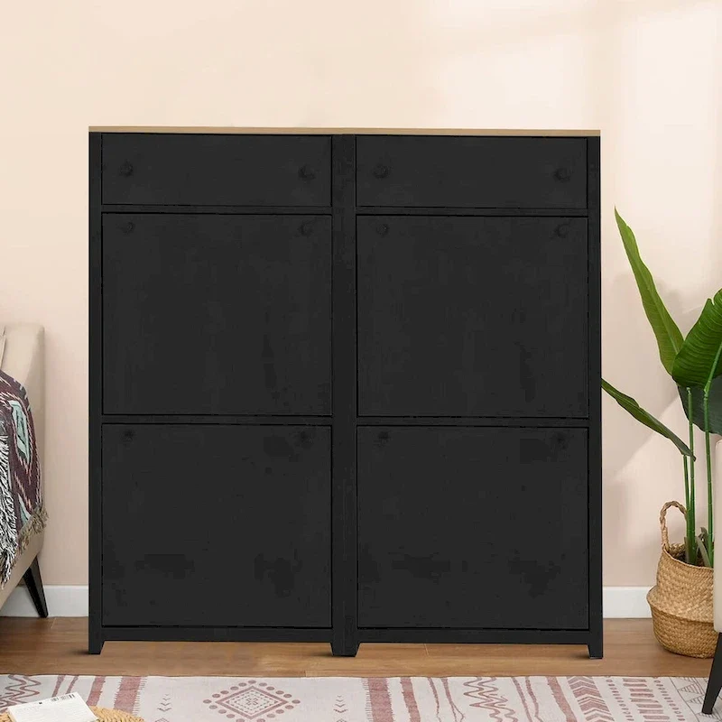 Modern Minimalist Set of Two Wooden Shoe Storage Cabinets
