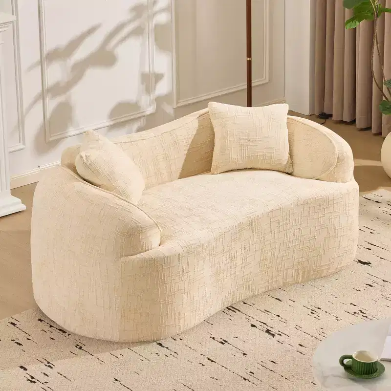 Beige Curved 2-Seat Sofa w/ Arms & 2 Pillows  Petite-Perfect for Any Room