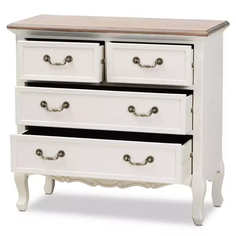 Amalie 4 Drawer Accent Dresser White/Oak - Baxton Studio: French Provincial Style, Brass Handles, Fully Assembled