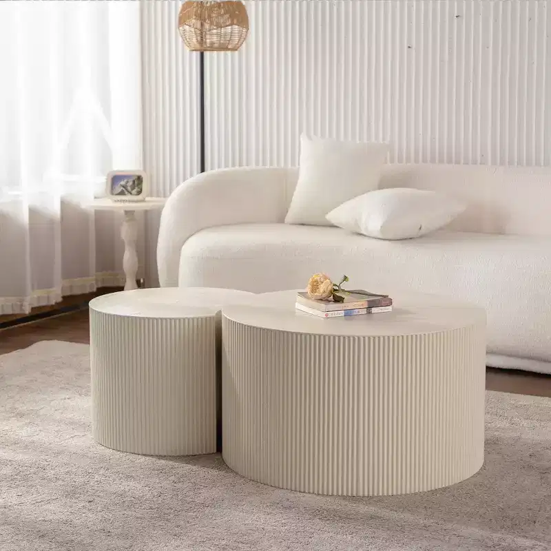 Round Wood Coffee Table with Handcrafted Relief Design for Small Spaces, No Assembly Required