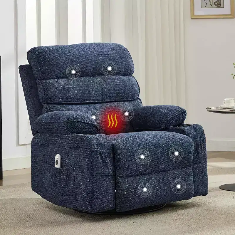 Swivel Massage Rocker Recliner with Heat and Footrest, Linen Glider Chair for Adults with Side Pocket and 2 Cup Holders