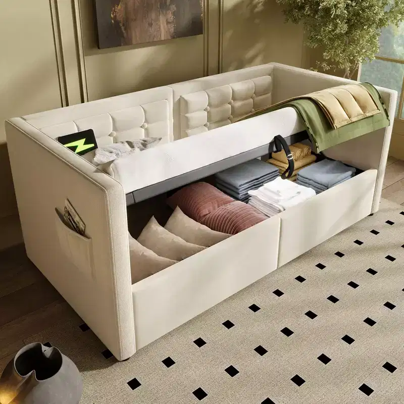 Okak Twin Size Modern Bed Frame Sofa Bed with USB & Hidden Storage,Upholstered Tufted Daybed for Bedroom,Kids Room,Study